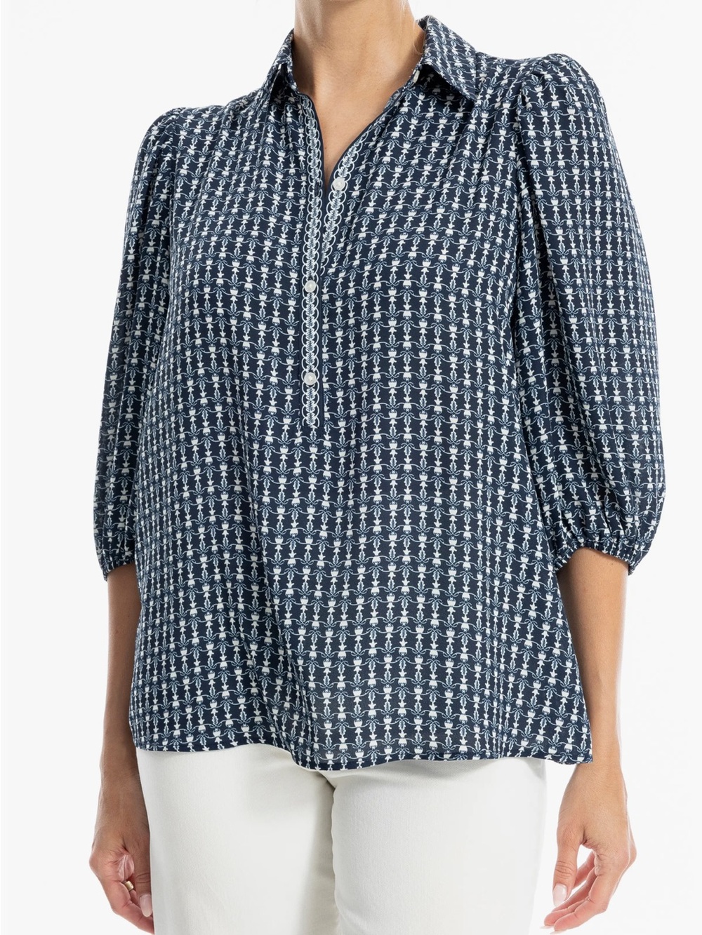 Max Studio Navy and White Printed Button-Front Blouse 3/4 Sleeves